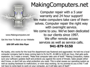Computer Repair The Right WayMakingComputers.Net is a well-established computer repair and IT services company that has been operating since 1997. Here are some key details about the company: Services MakingComputers.Net offers a comprehensive range of computer repair and IT services, including: Repair for slow computers, software glitches, and unexpected crashes Remote access and in-home service calls Apple, Mac, Linux, and Windows system repairs Phone repairs Website development Identity theft protection Security services Locations and Contact The company serves multiple locations: Miami Beach, FL: 6365 Collins Ave, 305-879-5585 Sarasota, FL: 2434 Stickney Point Rd, 941-879-5150 Hollywood, CA: 323-825-1508 Manhattan, NY: 646-389-0151 Key Features 5-Year Warranty: They offer an extensive 5-year warranty on their services . 24-Hour Support: Customers have access to round-the-clock assistance . Remote Access: They provide remote access services for convenient troubleshooting . Customer Commitment: The company emphasizes customer satisfaction and aims to create lasting relationships with clients . Company Philosophy MakingComputers.Net's mission is to provide high-quality service without overcharging. Their slogan, "We Are Making Computers Take Care Of Themselves," reflects their approach to creating long-term solutions rather than quick fixes. Expertise The company handles a wide range of technologies, including Apple, Macs, Linux, Windows, phones, websites, animation, GPS, and security systems. They place a particular emphasis on providing robust security solutions. MakingComputers.Net prides itself on its longevity in the industry, technical expertise, and commitment to customer satisfaction. Their approach focuses on thorough repairs and maintenance to prevent future issues, aiming to save customers time and money in the long run.